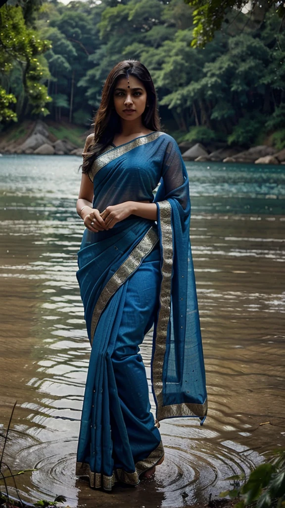 Create 25 years old sexy India women ware Saree, blue and black. Background is lake in forest.
