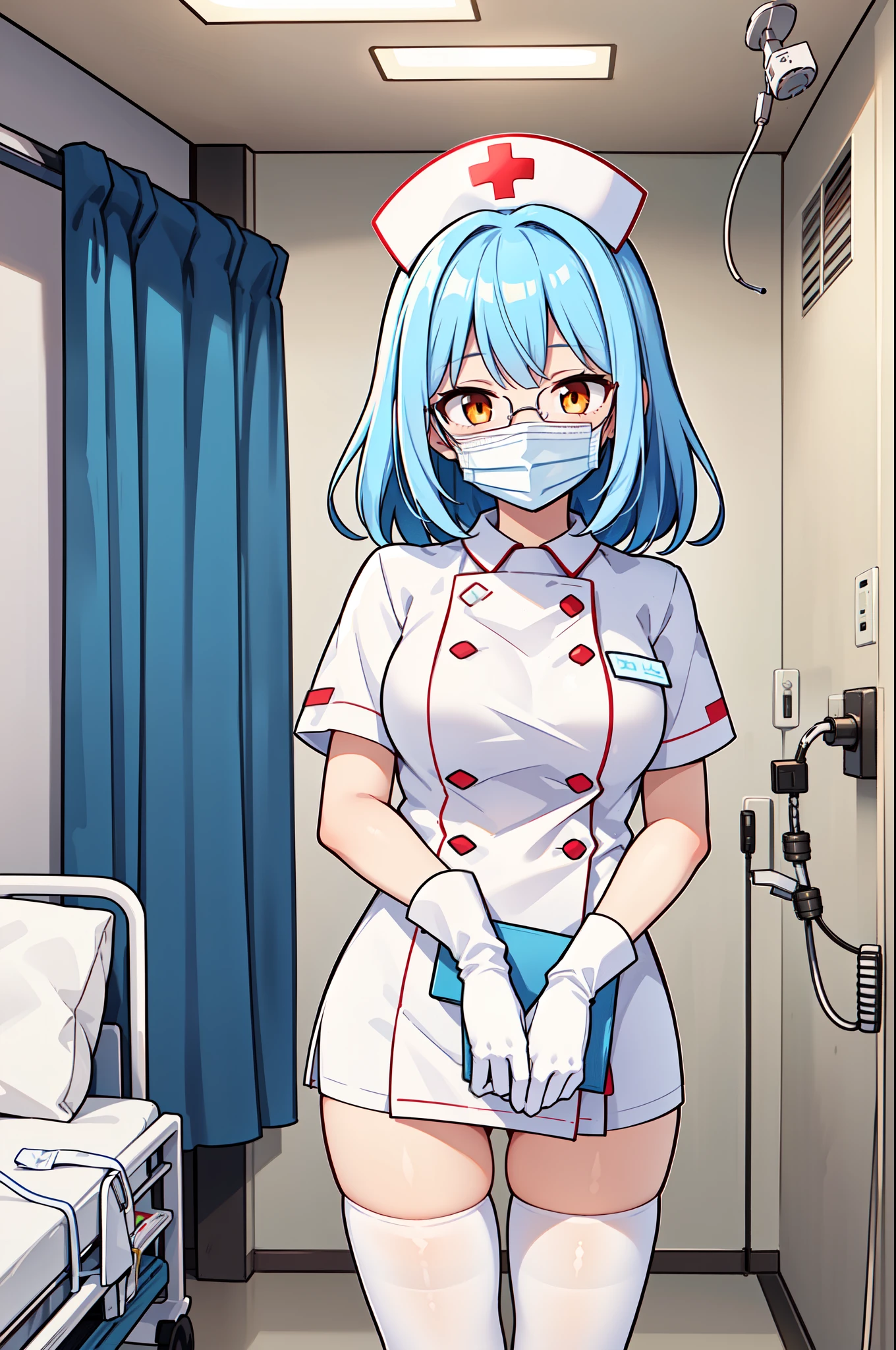 1girl, solo, nurse, nurse cap, white nurse uniform, ((white legwear, zettai ryouiki)), white gloves, glasses, blue hair, orange eyes, ((white surgical mask, covered nose)), standing, ((hospital room)), sharp outline, short sleeves, best quality, masterpiece
