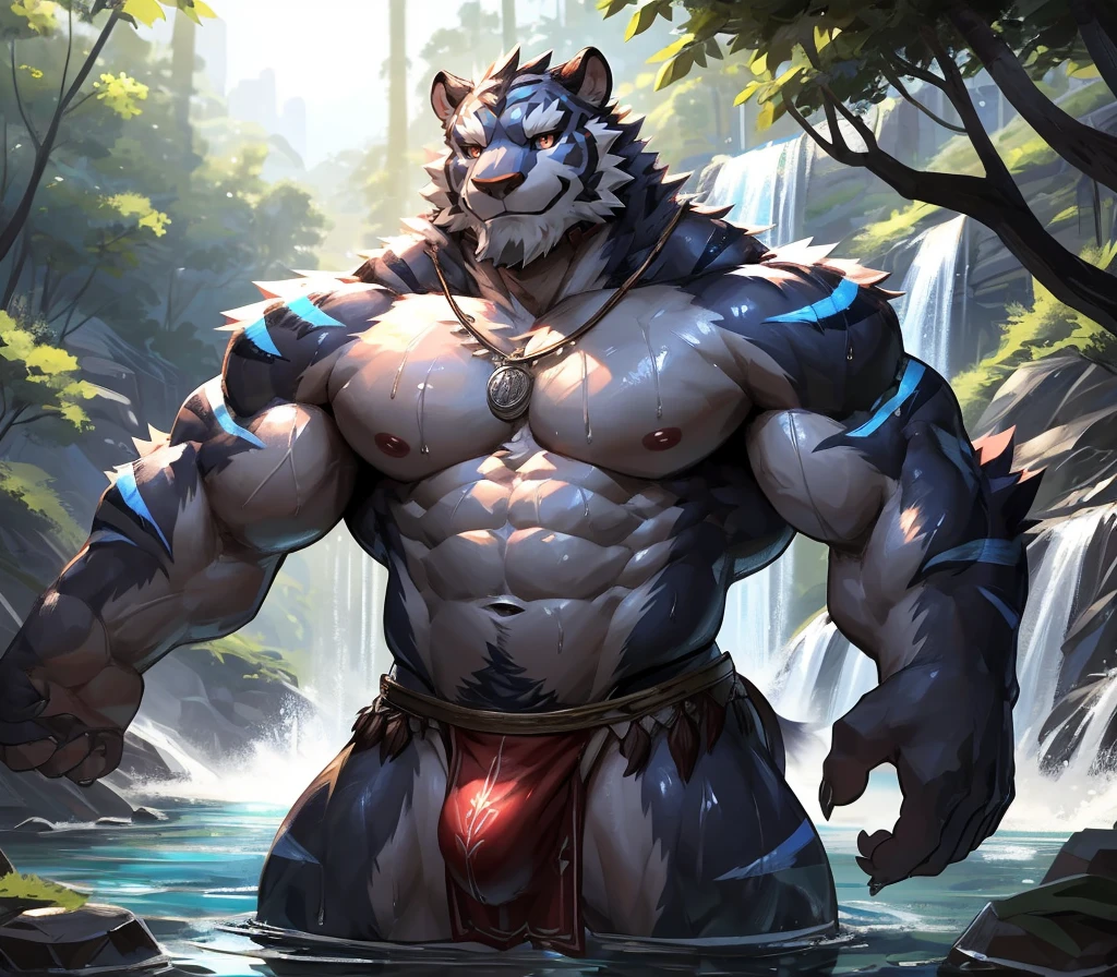 ((best quality)), ((masterpiece)), (ultra detailed), perfect face,(sharp eyes),sharp focus,(artist: lindong, null-ghost, dangpa, kulplant), (male antro black tiger):2.0, ((blue stripes)), ((black body)), ((white belly)), (tiger ears, tiger tail), (sharp eyes) ,ultra-detailed eyes, (Beautiful and delicate eyes), ((red crimson):0.1 eyes), ((white sclera)), ((fluffy fur, fluffy, furry body)),((long white loincloth), with yellow pattern):0.8, muscular male , (wearing random pattern necklace), smile, (bulge), reflection, sexy body, middle-age, strong, looking at view, (((sfw:1.5))), (( abs, strong muscle, 8 pack)), shirtless, tougue out, claw, pink nipples, handsome,(Great physique),strong arms man, majestic, barbarous, handsome, sweating:1.8, anime, forest next to the waterfall, near waterfall, drenched,wet,naked,serene,peaceful,glistening sunlit water,gentle ripples,on the riverbank,lush greenery,tall trees and dense foliage,clear blue sky,tranquil atmosphere,vivid colors, night, a blue moon, dim light, drenched, wet body:0.7