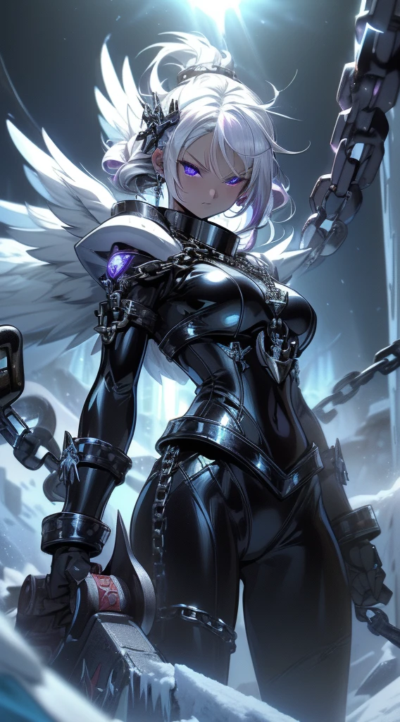 top-quality、Top image quality、​masterpiece、girl with((black shiny mechanic suit、18year old、r、cute little、Best Bust、big bast,Beautiful shining purple eyes、Breasts wide open, white  hair、one white winged,Longhaire、A slender,Large valleys、belligerent movements,sharp claws、anchor chain、chain、chains、Beam Cannon、He has an ice sword in both hands..、)),hiquality、Beautiful Art、Background with((natta、snow blowing、Oyuki、Yuki、ice tower、big ice house、White smoke)))、,masutepiece、depth of fields,Cinematic style