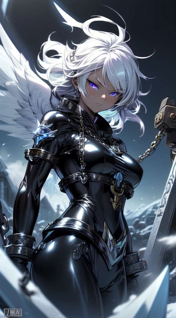 top-quality、Top image quality、masterpiece、girl with((black shiny mechanic suit、18year old、teen ager、cute little、Best Bust、big bast,Beautiful shining purple eyes、Breasts wide open, white hair、one white winged,Longhaire、A slender,Large valleys、belligerent movements,sharp claws、anchor chain、chain、chains、Beam Cannon、Have an ice sword、)),hiquality、Beautiful Art、Background with((natta、snow blowing、Oyuki、Yuki、ice tower、big ice house、White smoke)))、,masutepiece、depth of fields,Cinematic style