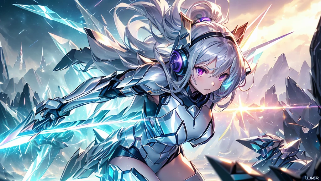 maximum quality、Superior image quality、Masterpiece artwork、girl with((silver mech suit、Shiny gold mech suit、18-years old、 kor、cute、Better bust、big stick,Beautifully glowing purple eyes wide open, messy silver hair、longye hair、A slender,big moves in volleyball,razor-sharp claws、Equipped with a shield on the right arm、headphones with sword in left hand、fighting poses、running splashes)),high qualiy、linda arte、Background with((A world of shining galaxies、diamonds)))、,tabletop、depth of fields,cinematic style