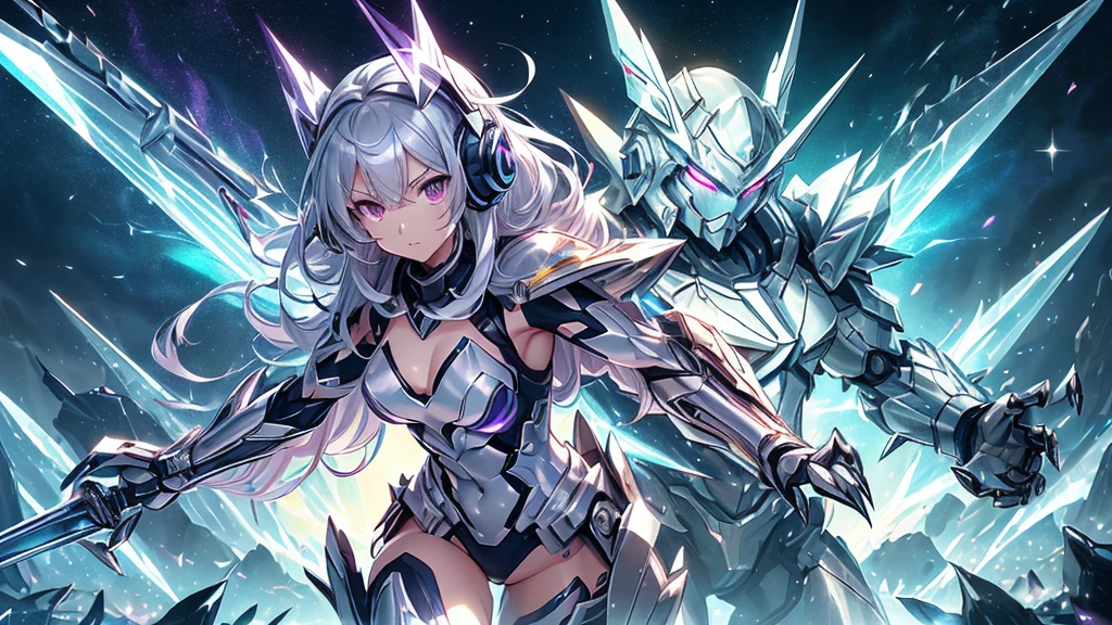 maximum quality、Superior image quality、Masterpiece artwork、girl with((silver mech suit、Shiny gold mech suit、18-years old、 kor、cute、Better bust、big stick,Beautifully glowing purple eyes wide open, messy silver hair、longye hair、A slender,big moves in volleyball,razor-sharp claws、Equipped with a shield on the right arm、headphones with sword in left hand、fighting poses、running splashes)),high qualiy、linda arte、Background with((A world of shining galaxies、diamonds)))、,tabletop、depth of fields,cinematic style