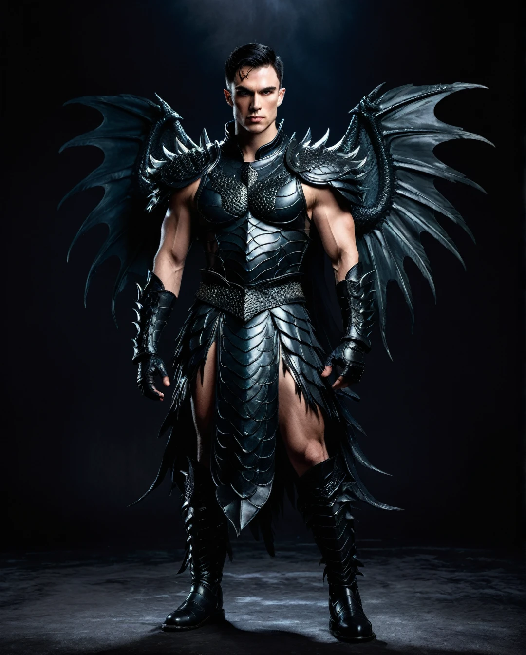 A muscular, shirtless Caucasian men with short black hair wearing dragon armor made of rubber , He wear black gloves. He wore peacook feather robes. Standing in darkness background. He wearing a dragon boots.