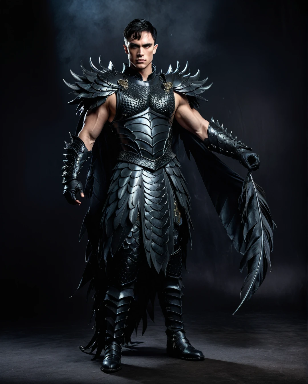 A muscular, shirtless Caucasian men with short black hair wearing dragon armor made of rubber , He wear black gloves. He wore peacook feather robes. Standing in darkness background. He wearing a dragon boots.