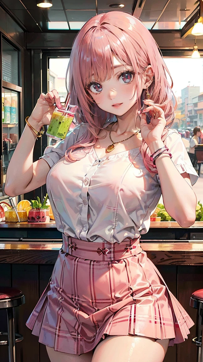 (Masterpiece, BestQuality:1.3), (ultra detailed:1.2), (hyperrealistic:1.3), (RAW photo:1.2), High detail RAW color photo, professional photograph, (Photorealistic:1.4), (realistic:1.4), (Pink Hair:1.5), professional lighting, perfect anatomy, (Big Breasts:1.2), (blush, detailed face), (cheerful Smile:1.5), Trending Hair&Trending Hairカラーをランダムに, earrings, necklace, bracelet, sexly, erotic sexly, Random sexy gravure poses, (White blouse with red checked skirt、Cafeteria in the background、A pose that emphasizes the bust and drinks a smoothie。: 1.3)