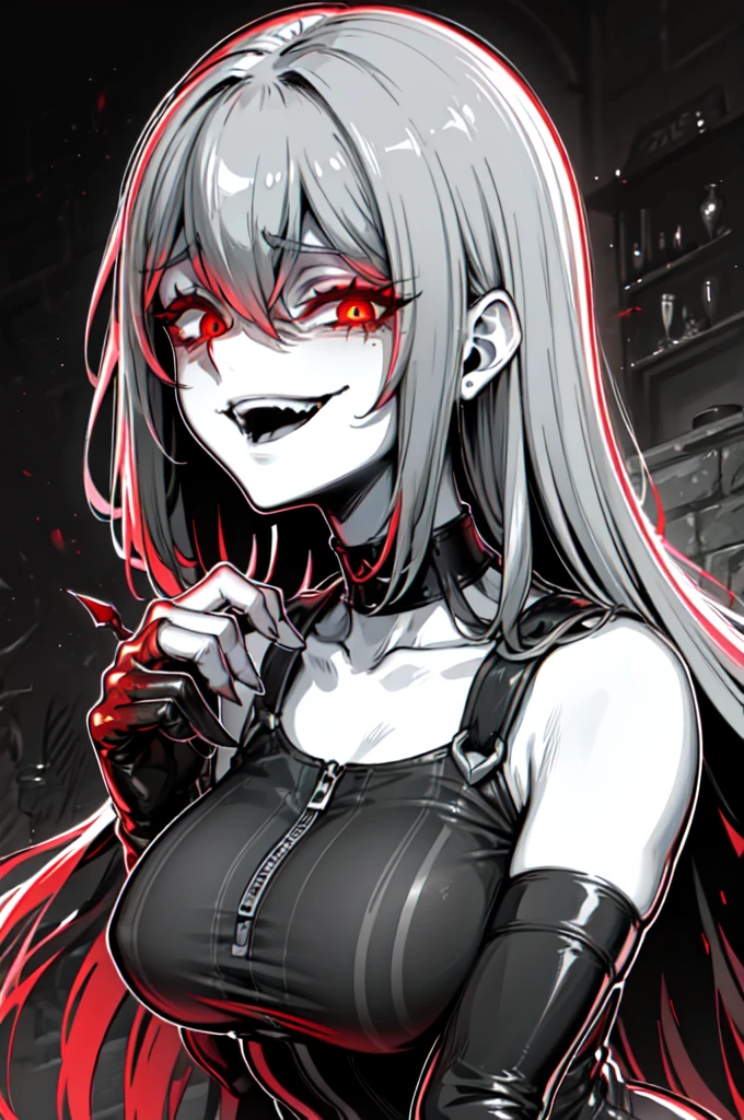despair, haunting, collarbone, thorns,hair between eyes, yoshitaka amano character design, style by NTY, morbid, solo (gesugao), gesugao facial expression, sadistic smile, big ,to evil smirk,latex hands,latex fingers,too evil huge laugh,sadistic smile,deep shaded face,,smile worst,worst ridecule,too evil moukery,,laugh full of malice,elbow gloves,Human Ear,