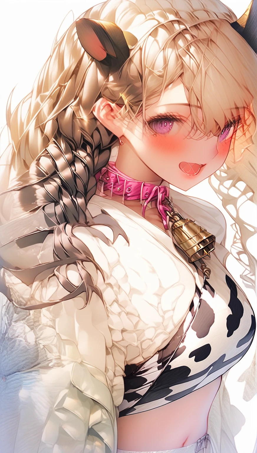 score_9,score_8,score_7,score_8_up,score_7_up、big tits, 1girl, breasts, swimsuit, bikini, solo, tail, animal ears, horns, bell, blush, navel, cow ears, cow tail, cow horns, animal print, cow print, neck bell, bangs, long hair, white background, side-tie bikini bottom, looking at viewer, simple background, wrist scrunchie, skin dentation, open mouth, purple eyes