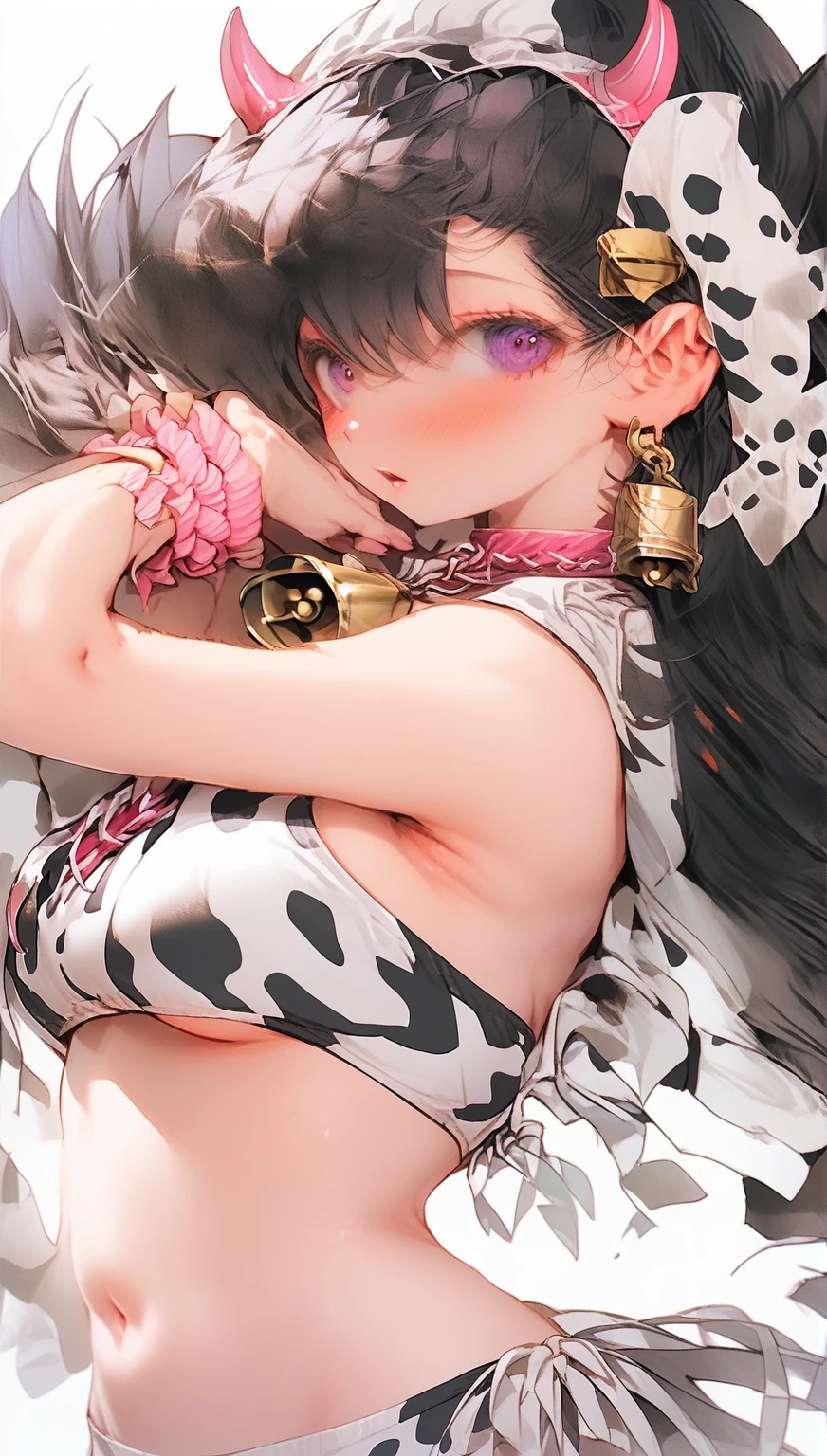 score_9,score_8,score_7,score_8_up,score_7_up、big tits, 1girl, breasts, swimsuit, bikini, solo, tail, animal ears, horns, bell, blush, navel, cow ears, cow tail, cow horns, animal print, cow print, neck bell, bangs, long hair, white background, side-tie bikini bottom, looking at viewer, simple background, wrist scrunchie, skin dentation, open mouth, purple eyes