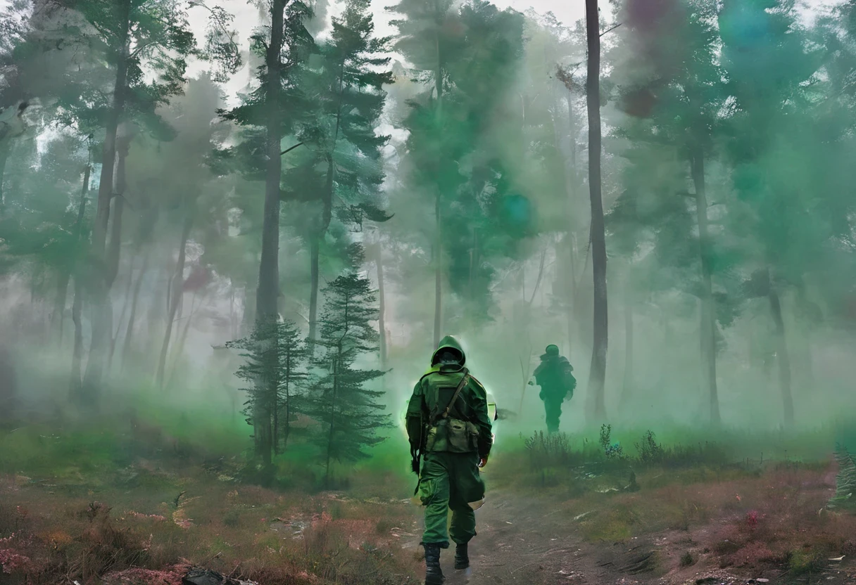 soldier wearing a (dark green) gas mask and a hood standing in the distance, colorful, ((foggy)), forest, dark, mysterious, landscape, apocalyptic, night, moon