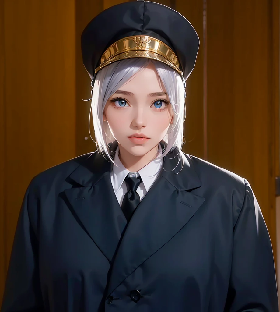 Female, (1girl:1.5), (exceptional, best aesthetic, new, newest, best quality, anime, waifu:1.2), keep the hat like the original, master piece, best quality, ultra detailed, absurdres, highres, colored, good anatomy, long silver hair, brown eyes, serious face, woman breast, sexy, plain bright blue coat, no shirt button, white inside shirt, peak cap, black tie,