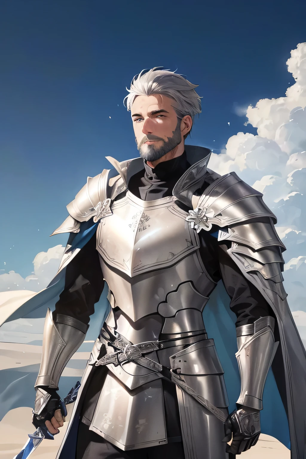 masterpiece, Highest quality, 1 person, elder, knight armor, Gray Hair, Gray Blue Eyes, Forked Hair, short hair, Shiny Beard, good looking, Masculine, Severe, kind, cold, expensive, quiet, Dark clothing, Glittering Armor, mysterious, Day, sun, heroic ,Outdoor, Cape, holding sword, sword