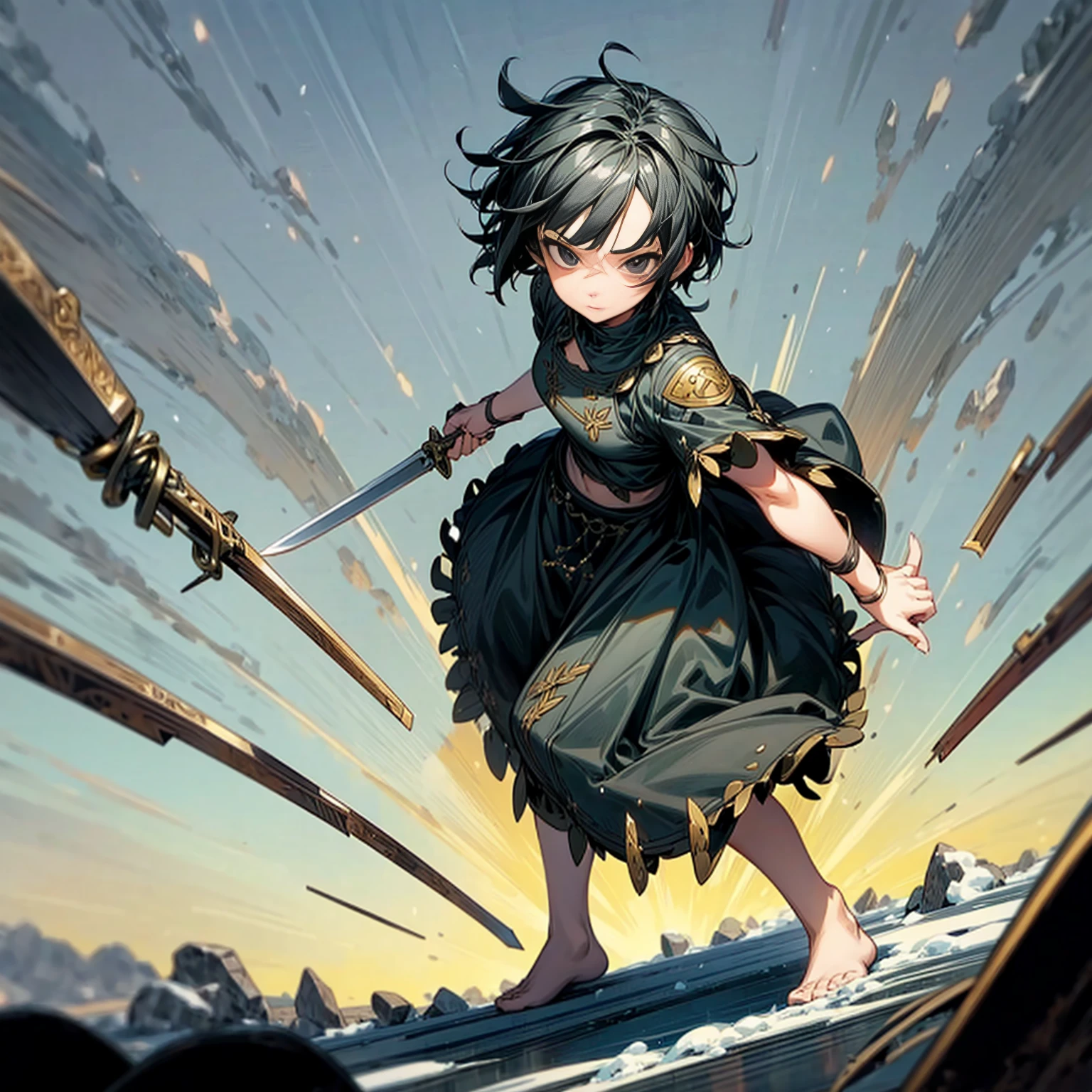 1girl, Full body version, 1character, adult version, black eyes color, short haircut, black colour hair, Ancient Roman style clothing, long skirt, Grassroots, background in snow town, motion blur, (one piece style art), snow, knife in hand, high angle view