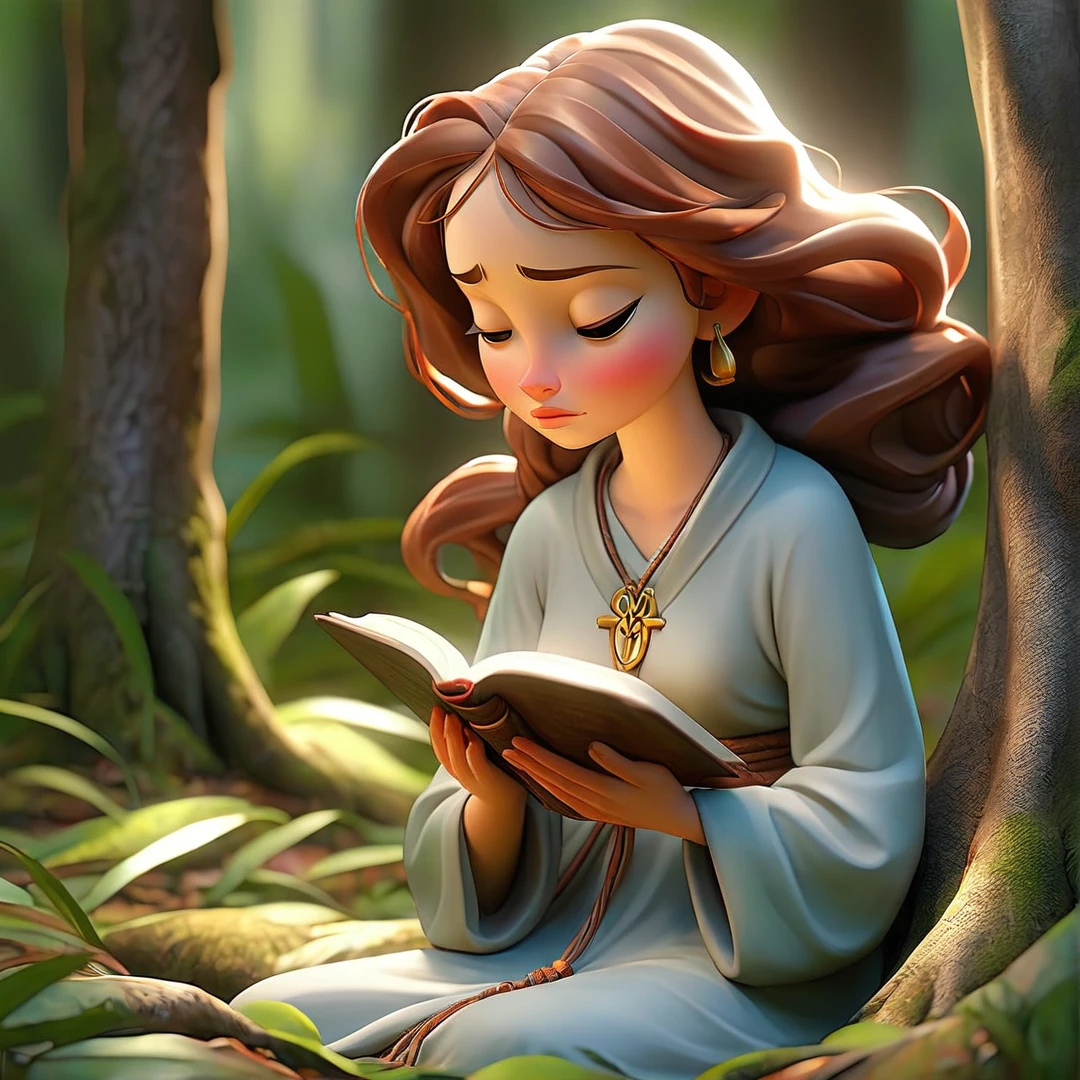 Sob a serene glass, on a peaceful day, a woman in the forest , in voracious prayer. Bible in hands, words of light, Seek the comfort that faith always translates. The shadow of the tree, shelter and refreshment, A sacred encounter, an ethereal moment. With eyes closed and heart open, Pray fervently, search for the right path. Every leaf that falls, a divine whisper, Guiding your words, showing the destination. On sacred ground, your soul surrenders, To God omnipresent, his life he extends. under the tree, symbol of life and shelter, a woman with bible, in an old dialogue. kneeling in prayer, her strength she renews.