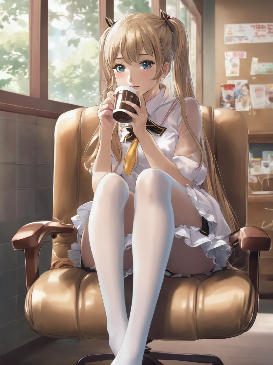 Anime girl sitting on chair drinking coffee, a hyper realistic high school girl, hyper realistic high school girl, , beautiful anime high school girl, realistic high school girl, seductive anime girl, anime Barbie in white stockings, anime visual of cute girl, light novel cover, naughty anime style, posing