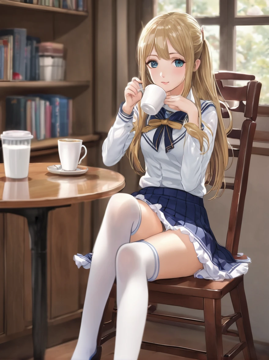 Anime girl sitting on chair drinking coffee, a hyper realistic high school girl, hyper realistic high school girl, , beautiful anime high school girl, realistic high school girl, seductive anime girl, anime Barbie in white stockings, anime visual of cute girl, light novel cover, naughty anime style, posing