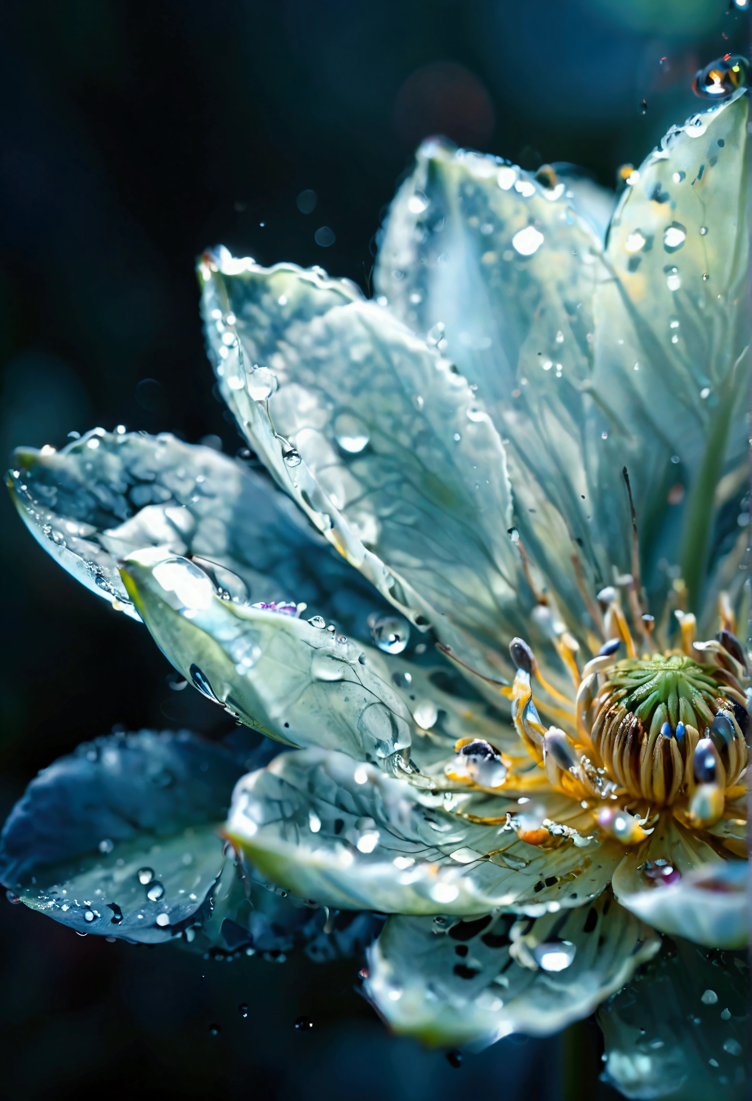 microcosm , Masterpiece , macro photography , cobweb, filmgrain, Bokeh , Smoke , Highly detailed, Sunny Sunny weather, Microflower, The drops, bblurry, Close-up of 1 realistic lotus room:1.5, Azure background, subdued contrasts, rendering by octane , illusory engine
