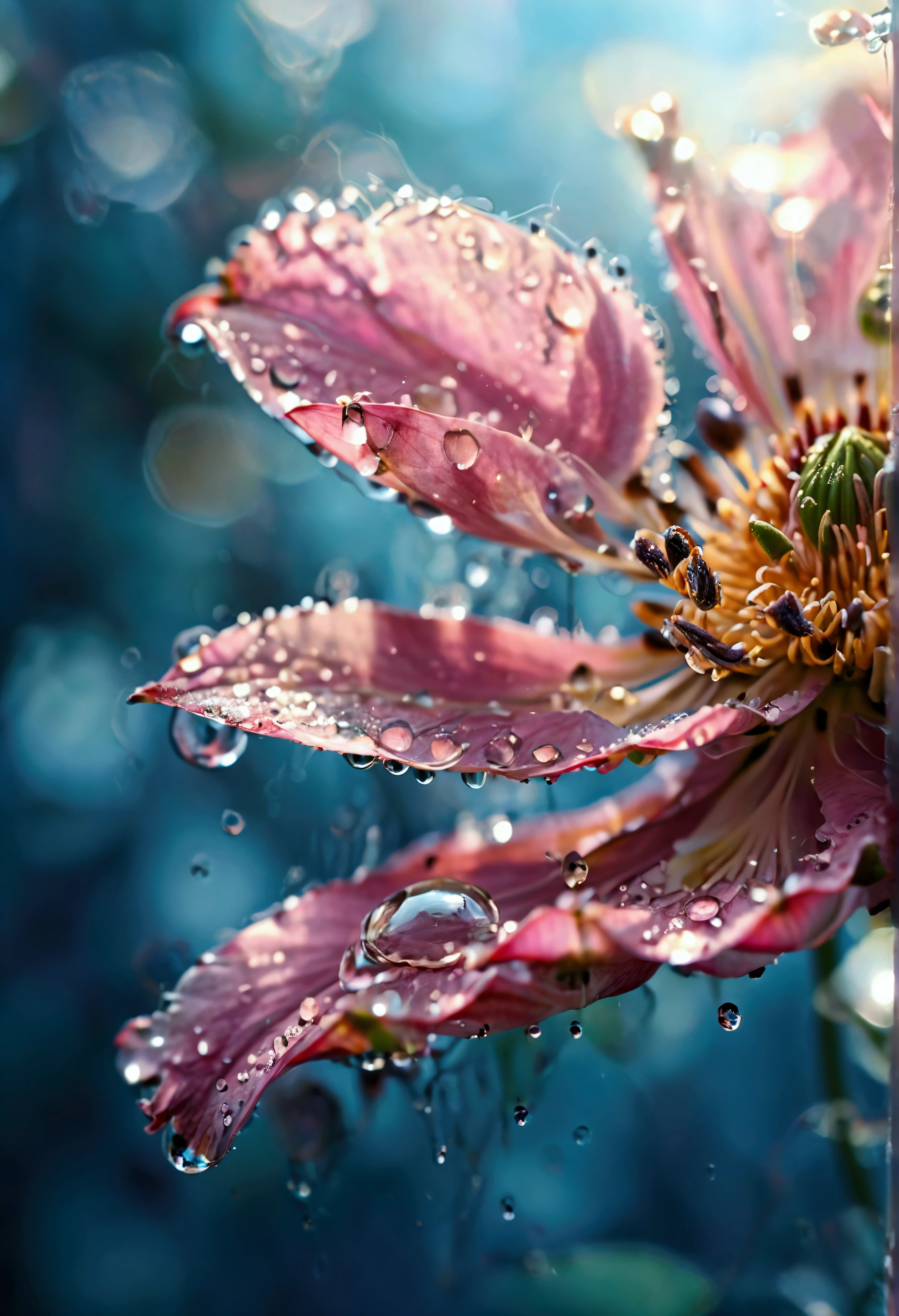 microcosm , Masterpiece , macro photography , cobweb, filmgrain, Bokeh , Smoke , Highly detailed, Sunny Sunny weather, Microflower, The drops, bblurry, Close-up of 1 realistic lotus room：1.5, Azure background, subdued contrasts, rendering by octane , illusory engine