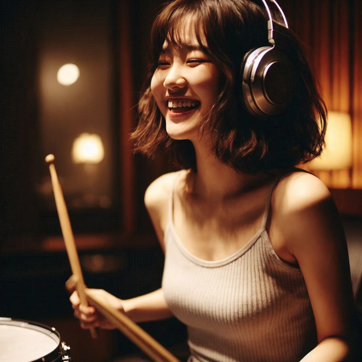 a young korean woman playing drum in a recording studio. She is wearing large headphones. she has a joyful expression on her face, medium chest, wavy bob hair, fully immersed in the music. conveying the emotion and intensity of her performance. The background is dimly lit, focusing the attention on her. Describe the atmosphere, the emotions