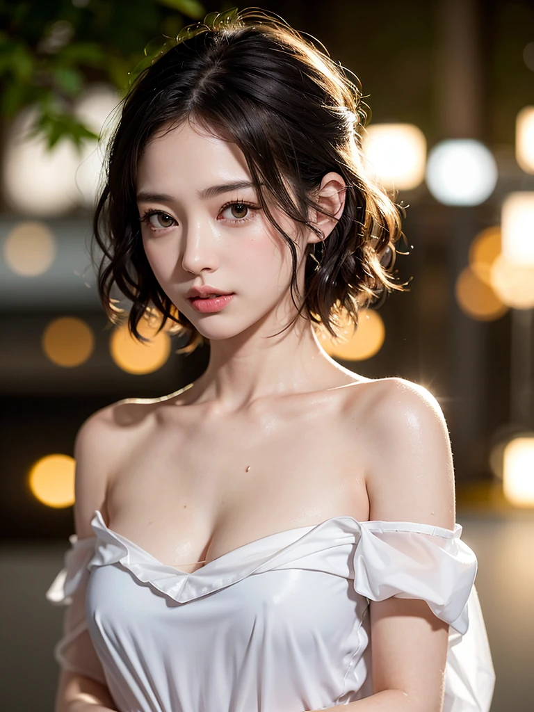 Mix 4, (8k, Live Shooting, Highest quality, masterpiece: 1.2), (Real, Photorealistic: 1.37), 一人のgirl, cute, night, rain, Wetty, Professional Lighting, Photon Mapping, Radio City, Physically Based Rendering, Gradient black hair, Gray Hair, Short Curly Hair, good looking, girl, Highest quality写真, High resolution, 1080P, (Clear Face), (Detailed face description), (Detailed hand description), (masterpiece), (Exquisite CG)、Extreme light and shadow、Disheveled Hair、Masterwork、Rich details、(Fine facial features)、(Highest qualityの写真)、(Masterpiece)、(Detailed eyes)、Look in front of you、Detailed clavicle、((Mid-breasted))、Nipple erection、Sexy、Lady、Clear、Smooth Hair、Clothes are not shiny、rainで服が濡れている、My clothes are soaked、Clothes are wet and stick to the skin、大rain、ゲリラ豪rain、Hydrangea flowers、rainが降っている、outside、night、