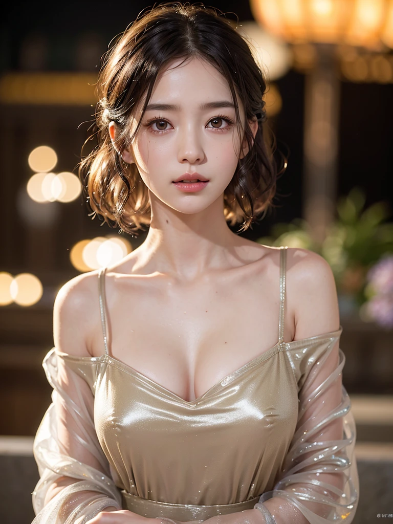 Mix 4, (8k, Live Shooting, Highest quality, masterpiece: 1.2), (Real, Photorealistic: 1.37), 一人のgirl, cute, night, rain, Wetty, Professional Lighting, Photon Mapping, Radio City, Physically Based Rendering, Gradient black hair, Gray Hair, Short Curly Hair, good looking, girl, Highest quality写真, High resolution, 1080P, (Clear Face), (Detailed face description), (Detailed hand description), (masterpiece), (Exquisite CG)、Extreme light and shadow、Disheveled Hair、Masterwork、Rich details、(Fine facial features)、(Highest qualityの写真)、(Masterpiece)、(Detailed eyes)、Look in front of you、Detailed clavicle、((Mid-breasted))、Nipple erection、Sexy、Lady、Clear、Smooth Hair、Clothes are not shiny、rainで服が濡れている、My clothes are soaked、Clothes are wet and stick to the skin、大rain、ゲリラ豪rain、Hydrangea flowers、rainが降っている、outside、night、