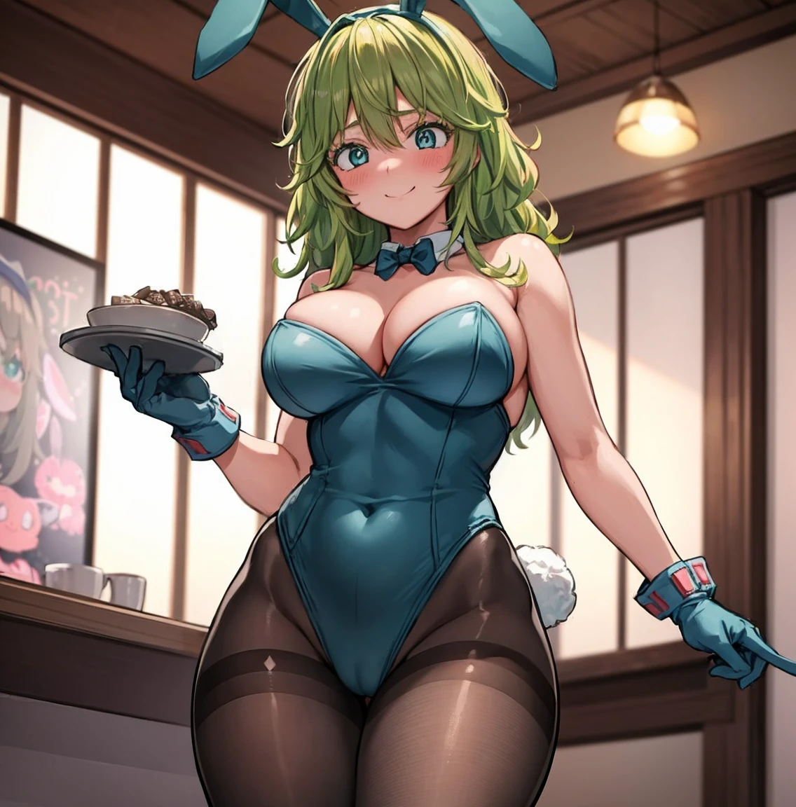 ((1girl)),((alone)),Tooru Hagakure,(masterpiece), (best quality), (ultra detailed), (best illustration), (best shadow), (absurdities), sharp focus, cowboy shot , looking at viewer, big breasts, narrow waist, wide hips, medium thighs, round butt, dynamic posture, green hair, blush, green eyes, messy hair, medium hair, bangs, hair between the eyes, hair, (rabbit ears black s :1.2), black headband, green playboy bunny, black pantyhose, holding the tray, embarrassed, blushing, cleavage, gloves, blue gloves, black heels seductive smile, closed mouth, (sexy pose: 1.2), alone, standing: 1.3, indoor, casino, coin slot machines, poker tables, pool tables, looking forward, ((focus on hips)), pov ( from below), red blush, perfect anatomy, perfect hands