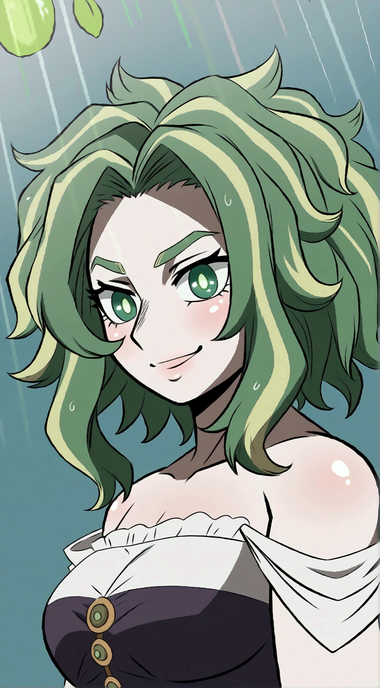 lady nagabt of mha, MHA anime style, woman with dark green hair, green hair with lime green parts, messy and unusual hair, short eyebrow, green neon suit hero, cabelo com dark and light strands, dark and light strands, olhar fofo,  soft lips, ssmile, dark and light strands, beautiful lighting. Lime eye, cute Smile , big hair