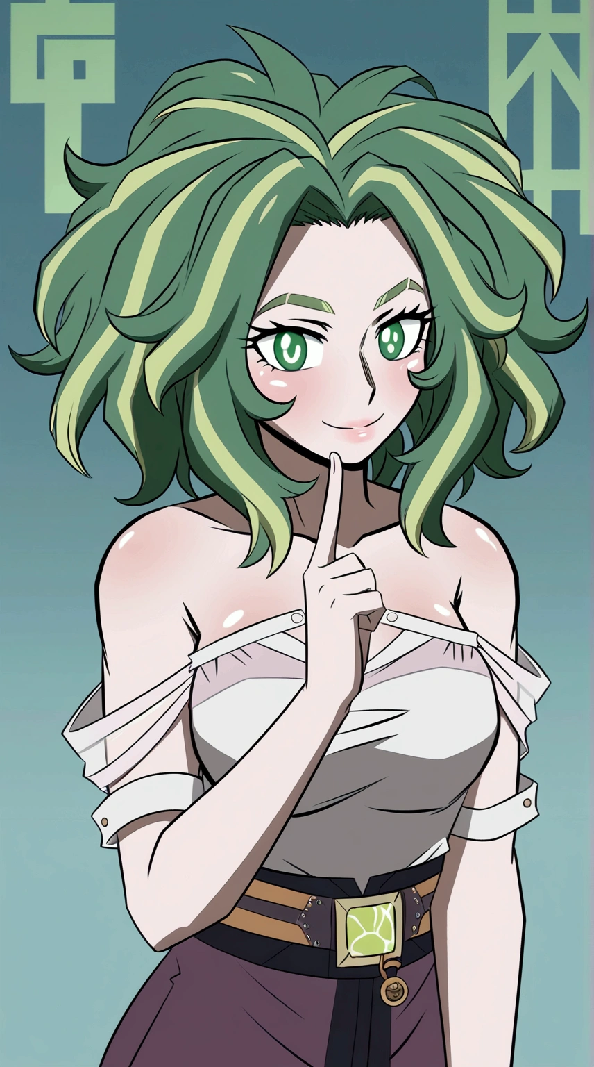 lady nagabt of mha, MHA anime style, woman with dark green hair, green hair with lime green parts, messy and unusual hair, short eyebrow, green neon suit hero, cabelo com dark and light strands, dark and light strands, olhar fofo,  soft lips, ssmile, dark and light strands, beautiful lighting. Lime eye, cute Smile , big hair