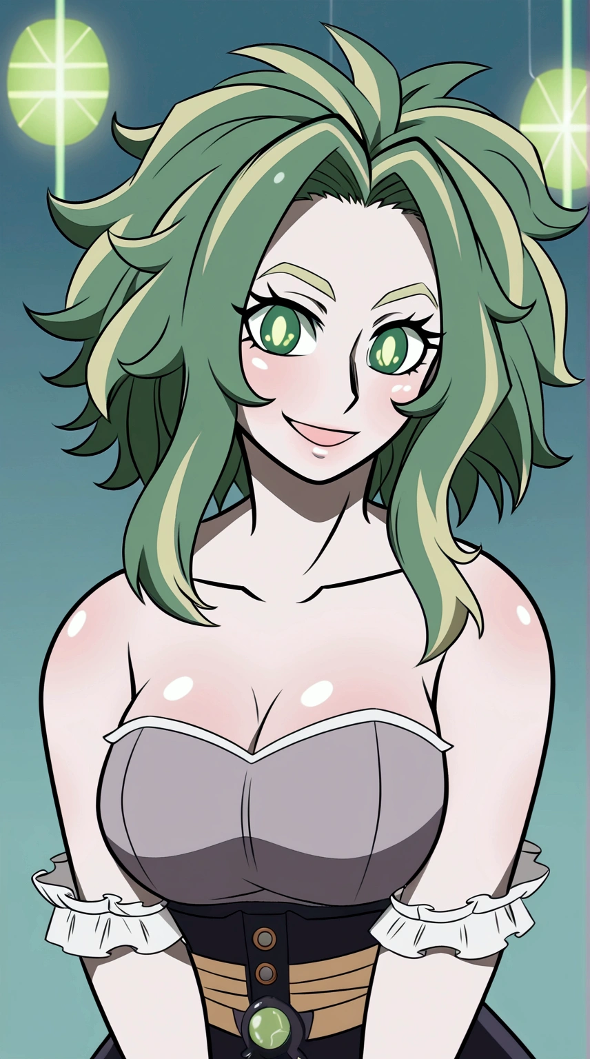 lady nagabt of mha, MHA anime style, woman with dark green hair, green hair with lime green parts, messy and unusual hair, short eyebrow, green neon suit hero, cabelo com dark and light strands, dark and light strands, olhar fofo,  soft lips, ssmile, dark and light strands, beautiful lighting. Lime eye, cute Smile , big hair