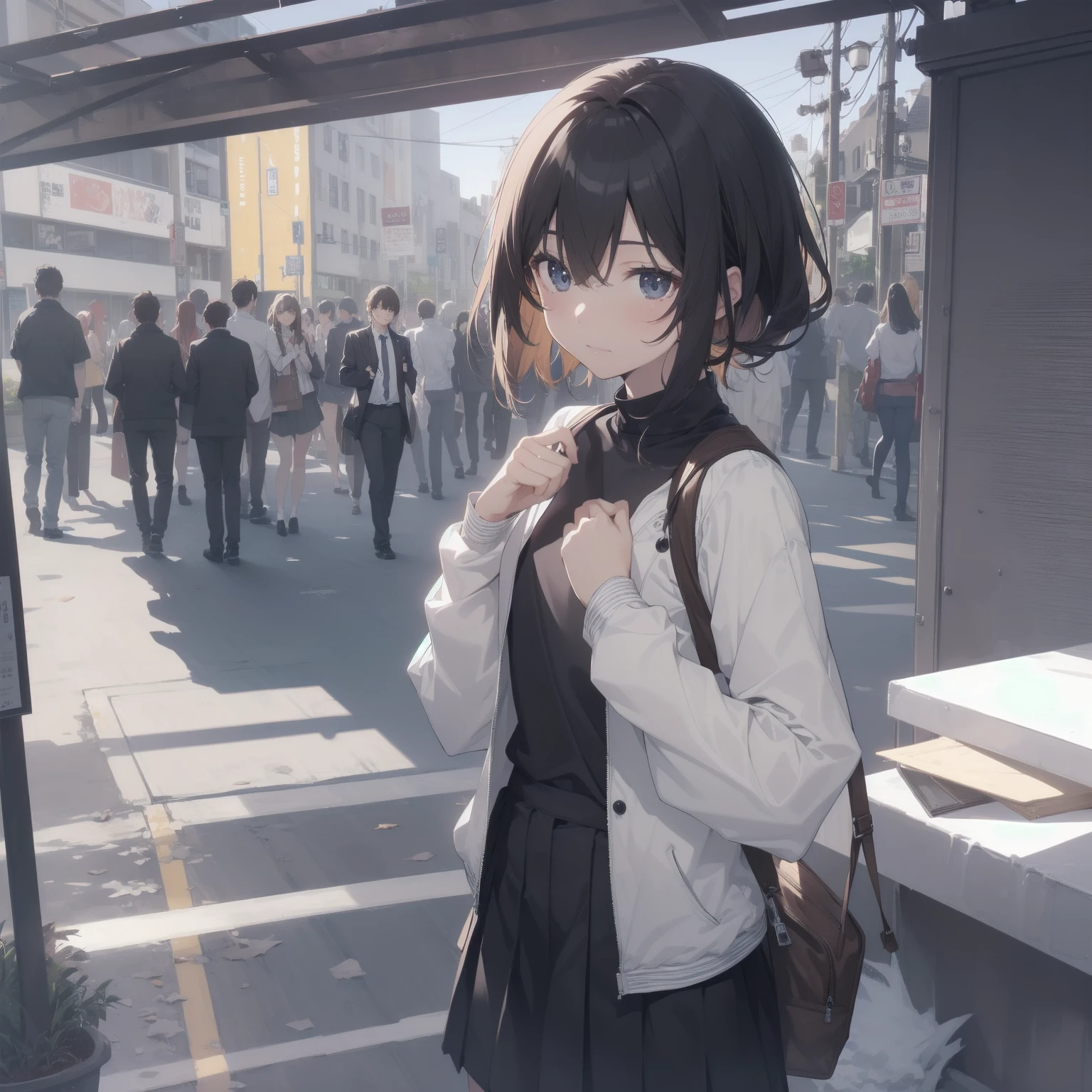 ultra-absurdres-Top quality by artist God, ultra-detailed, high resolution, anime moe artstyle, best anime 8k konachan wallpaper, pixiv contest winner, pool:2810, perfect anatomy,break, 1girl, (Please draw a girl walking sleepily to school alone. )break,(Solo,little female, 13-year-old:1.3),Full limbs, complete fingers,a junior high school student, (very short hair), short cut, flat chest, , small butt, small black eyes, beautiful detailed eyes, well-proportioned iris and pupils, expressive eyes, highres detailed hair, soft expression, school_uniform, pleated skirt,(Detailed Lighting), (Detailed background), in the School commute route. break,super detailed skin, Best cinematic lighting powered by famous artist, 8k,beauty illustration,photoshop_(medium),very aesthetic,break,((artist:tomose_shunsaku )), artist:clamp ,artist:carnelian ,artist:kantoku ,