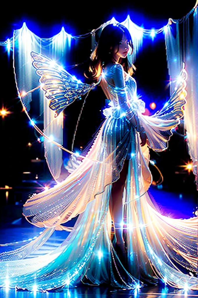 ((dim light, soft lighting, night scene):1.6),
Best Quality, Masterpiece, Illustration, (Realistic, Photorealistic: 1.37), Stunning, Fine Detail, Incredibly Ridiculous, Huge File Size, Super Detailed, High Resolution, Extremely detailed CG uniform 8k wallpaper, ray tracing, nsfw, 1girl, full body, glamor portrait of a slim young Korean woman who has some floating transparent glittery veil covering certain parts of her body. She has transparent glowing fairy wings on her back, ((((facing viewer)))), outdoors:1.3,