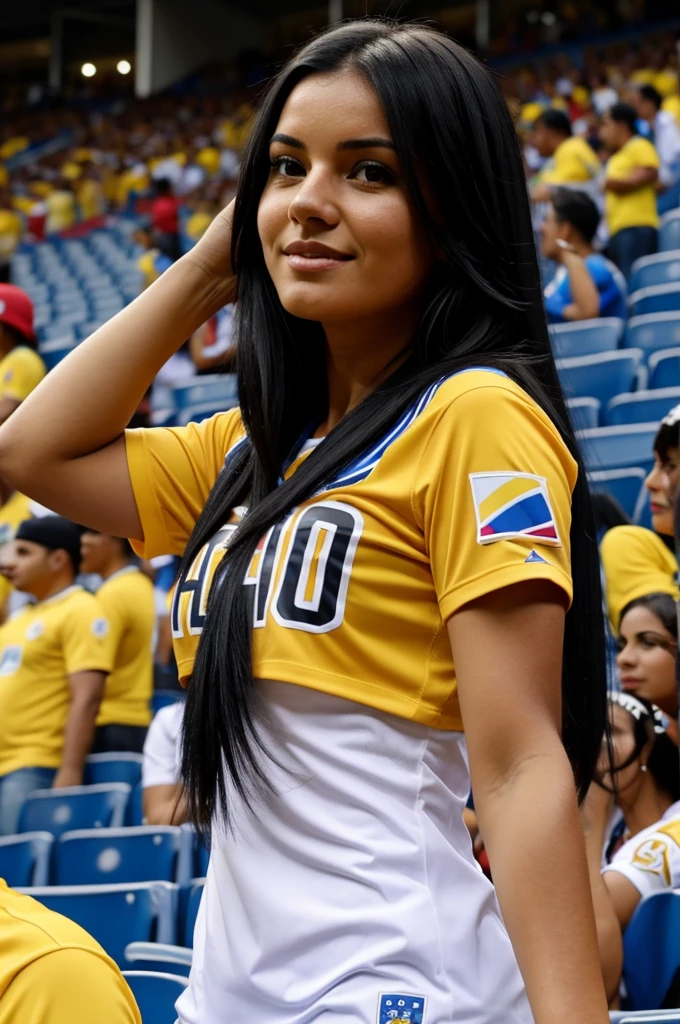 Woman in the stadium fan of the Colombian national team t-shirt with number 10 and name Sofia long black hair