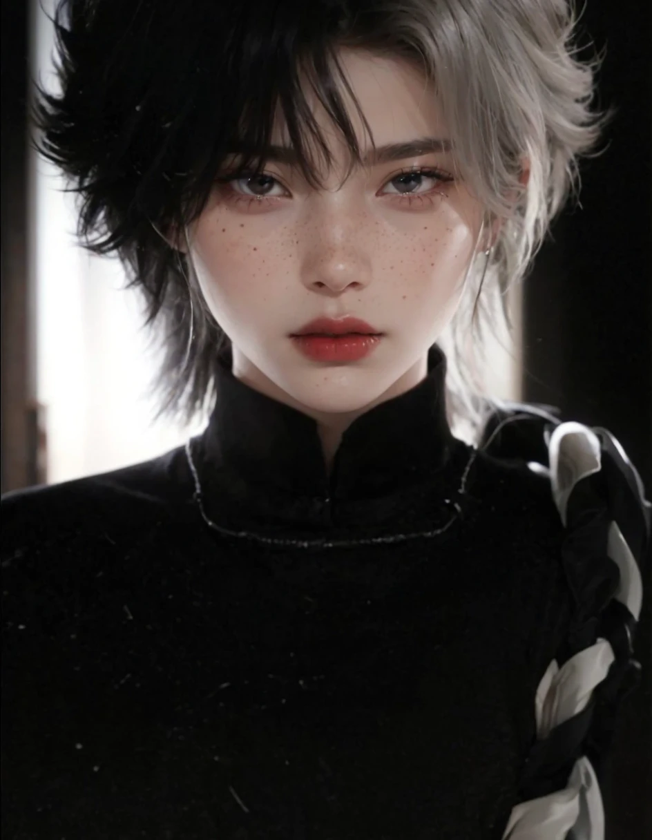 A boy with striking, greenish-brown eyes. Black hair. Freckles. Full, red lips. Dark circles.