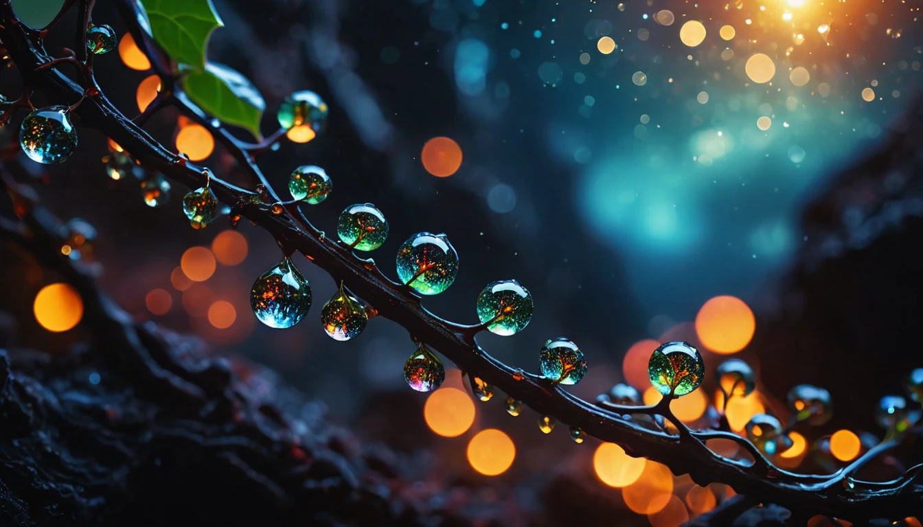 cinematic photo macro photo, sparkling dewdrops cling to a magical fantasy glass vine that runs from a high branch at the top near us down into molten lava, galaxy fantasy colors, [vertical orientation], open center area made of old paper. . 35mm photograph, film, bokeh, professional, 4k, highly detailed