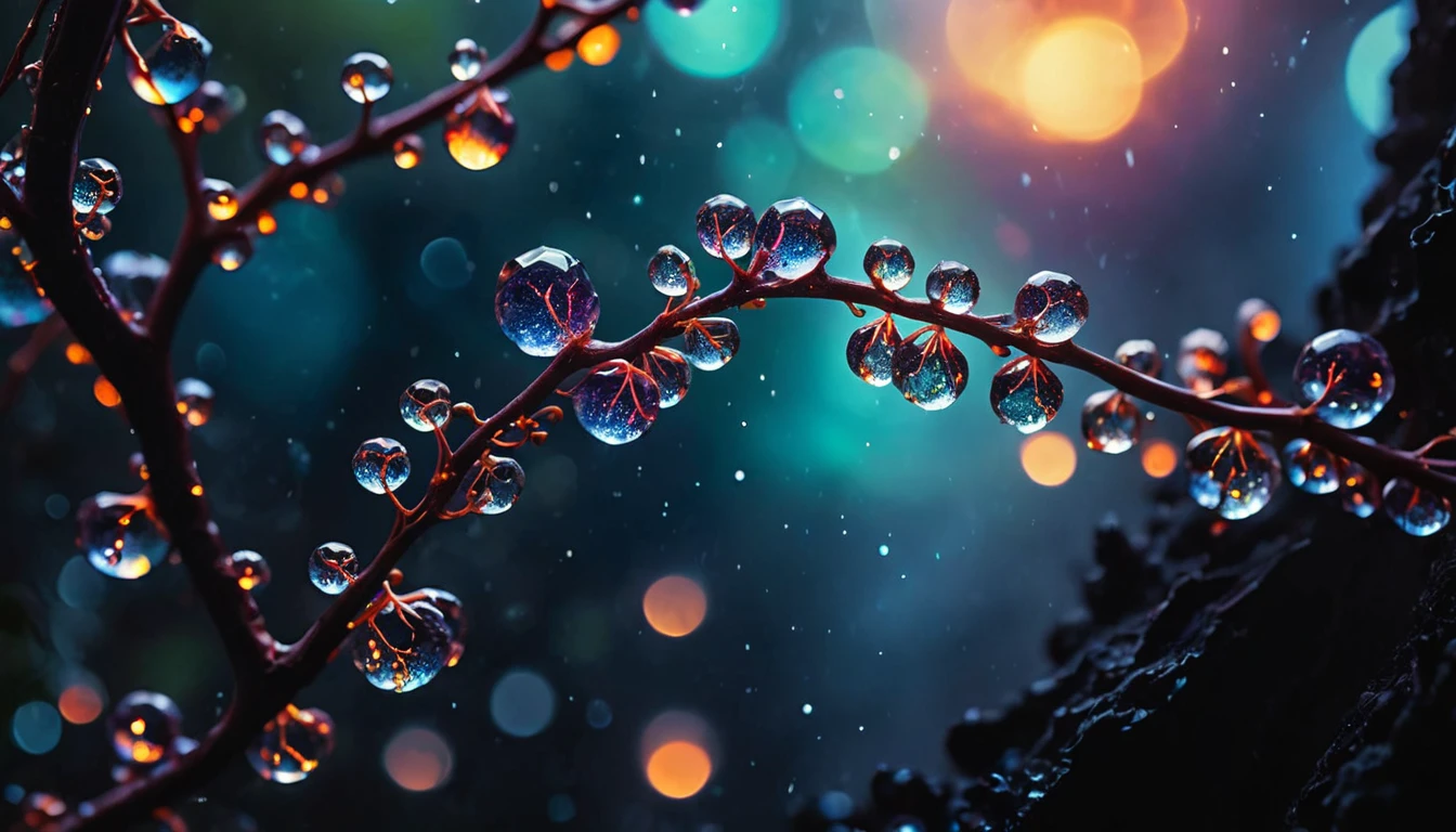 cinematic photo macro photo, sparkling dewdrops cling to a magical fantasy glass vine that runs from a high branch at the top near us down into molten lava, galaxy fantasy colors, [vertical orientation], open center area made of old paper. . 35mm photograph, film, bokeh, professional, 4k, highly detailed