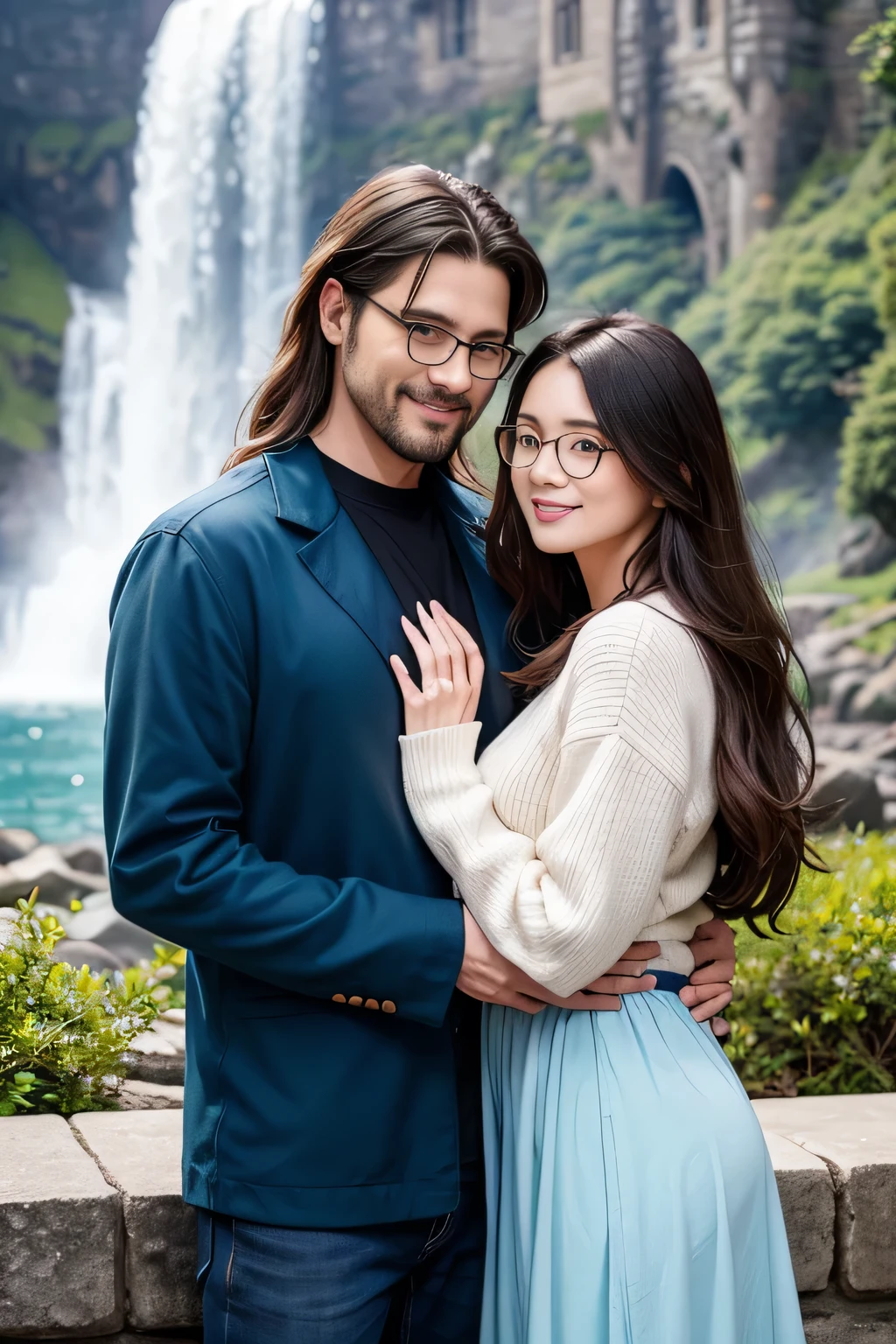 masterpiece, cute, romantic, best quality, 2others, couple, mature, adult, height difference, different fashion, different color, casual clothes, long sleeves, smile, happy, love, swirling wind, blue sky, long haired man, light brown haired man, black haired woman, long haired woman, bespectacled woman, castle, waterfall  