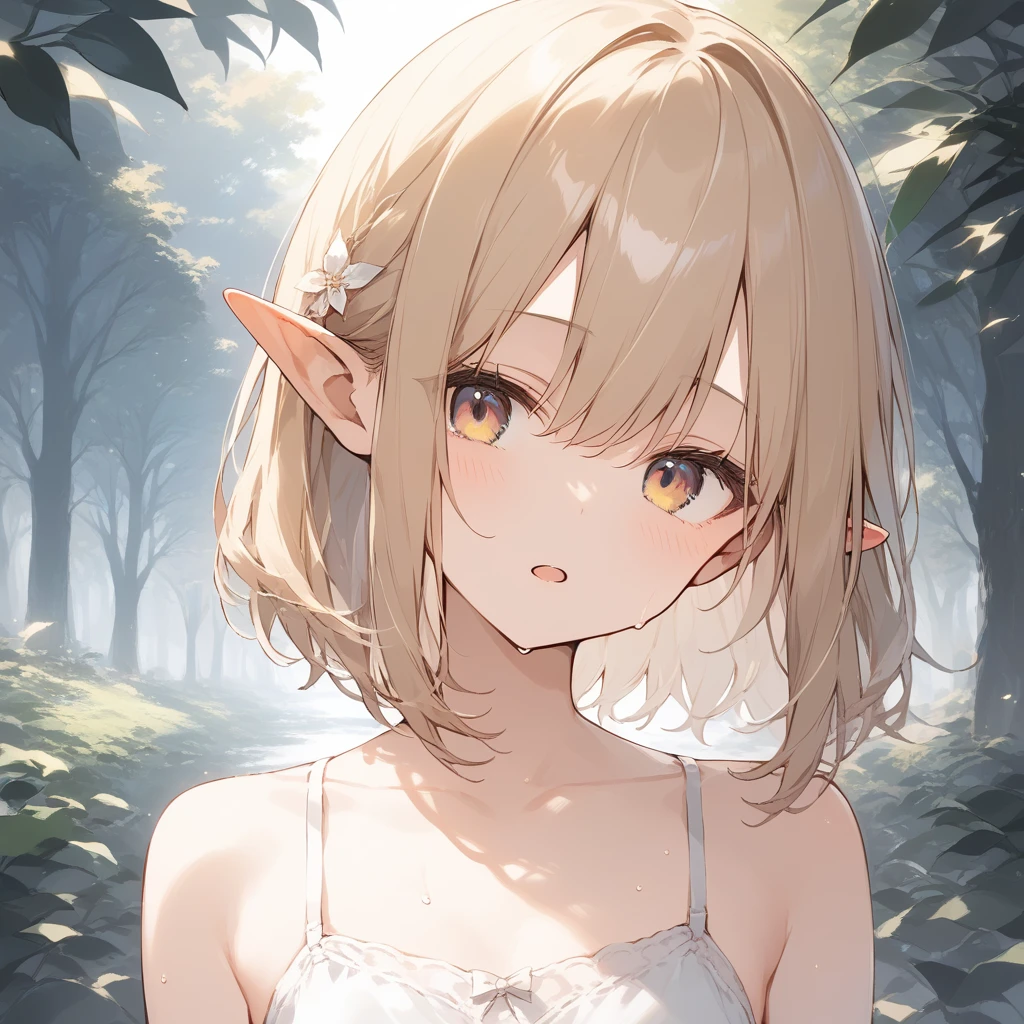 score_9, score_8_up, score_7_up, source_anime, best quality, masterpiece, official art, absurdres, highres, ultra-detailed,waifu2x,Collection: Slice of Life,break,1girl, elf, short hair, slender, androgynous,expressionless, small breasts, beautiful detailed eyes, green shorts, sweat, open mouth, sleepily, outdoors, forest, spring,break,(clear line illustration:1.2), super detailed skin,very high resolution, very aesthetic, Best sexual lighting powered by famous artist, 8k,cute picture,beauty illustration,photoshop_(medium),,(Detailed Lighting),best anime 8k konachan wallpaper, pixiv contest winner,