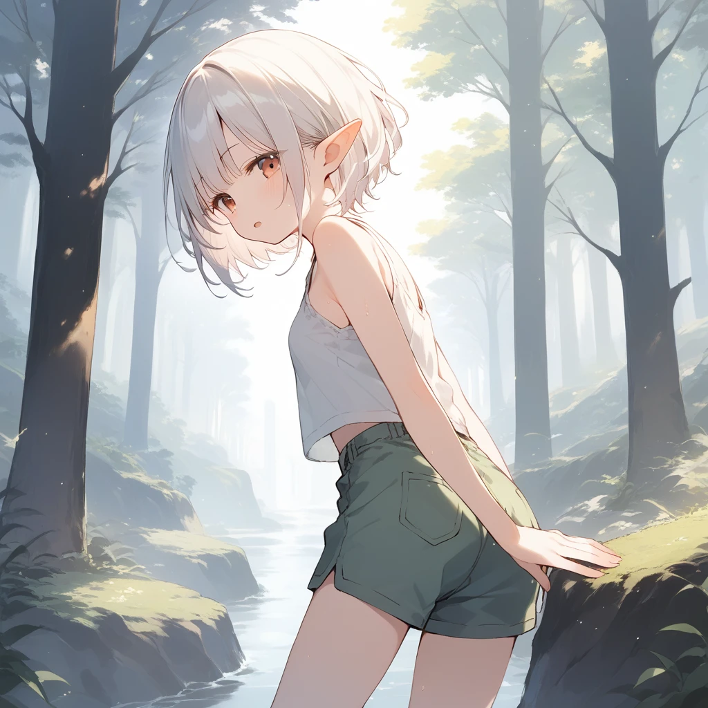score_9, score_8_up, score_7_up, source_anime, best quality, masterpiece, official art, absurdres, highres, ultra-detailed,waifu2x,Collection: Slice of Life,break,1girl, elf, short hair, slender, androgynous,expressionless, small breasts, beautiful detailed eyes, green shorts, sweat, open mouth, sleepily, outdoors, forest, spring,break,(clear line illustration:1.2), super detailed skin,very high resolution, very aesthetic, Best sexual lighting powered by famous artist, 8k,cute picture,beauty illustration,photoshop_(medium),,(Detailed Lighting),best anime 8k konachan wallpaper, pixiv contest winner,