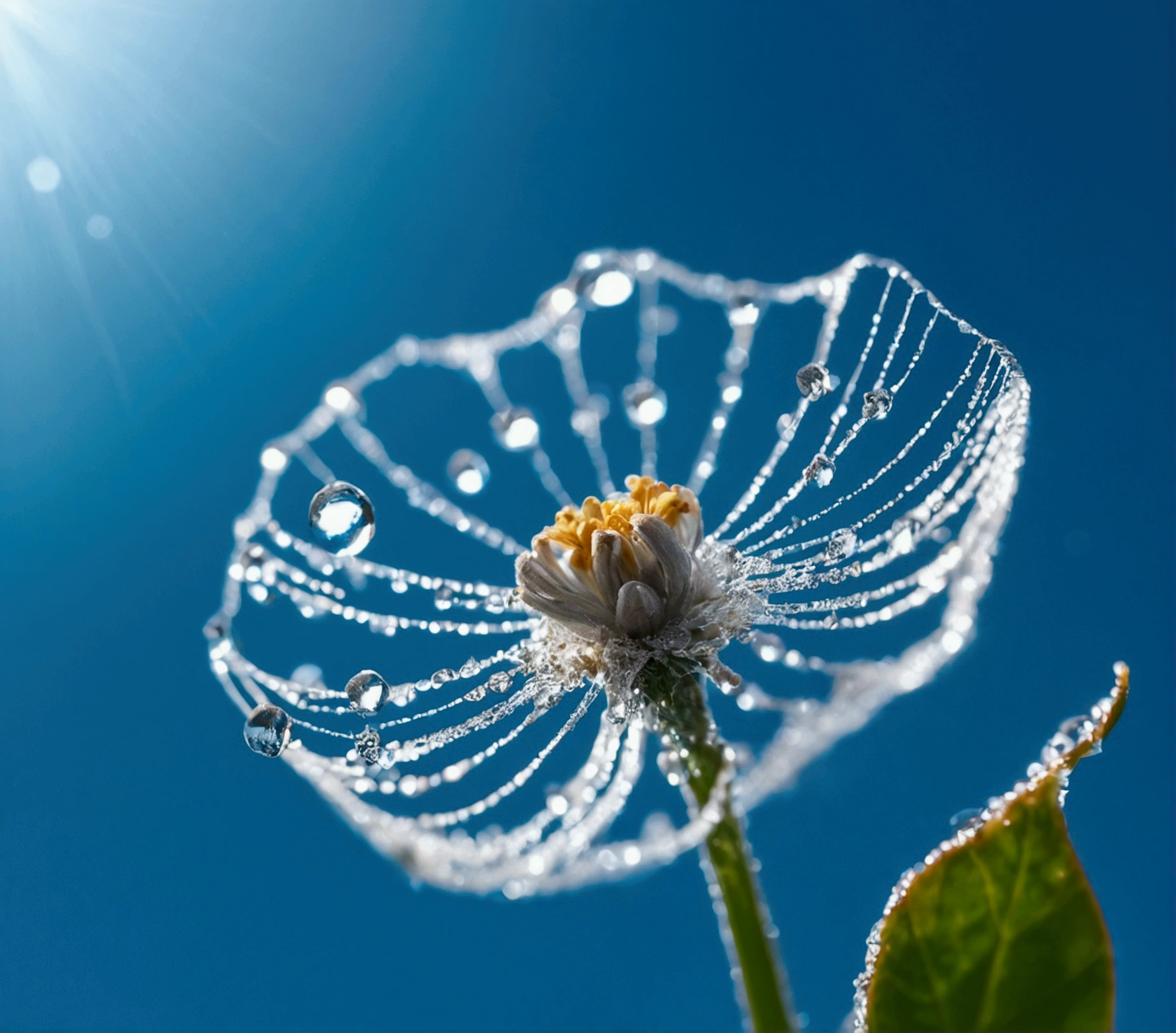 Microcosm , masterpiece , macro photography , cobweb, film grain, Bokeh , Very detailed, clear weather clear weather, micro flower, water droplets, Vague, Realistic close-up of crystal flower, sky blue background, soft contrast, Render by Octane , unreal engine