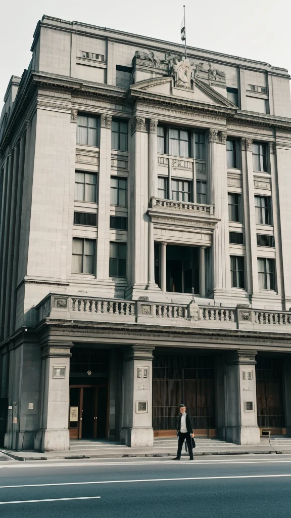 "An image of the First National Bank of Japan (modern Mizuho Bank) building in the late 19th century, with Eiichi Shibusawa's portrait, representing his transition to a businessman and his involvement in founding major companies."