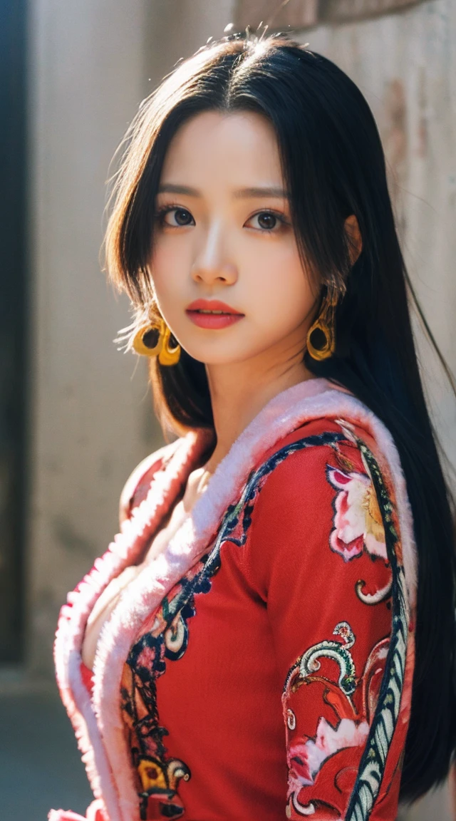 Original photo:1.2),(Realistic:1.4),Beautiful detailed girl,Very detailed eyes and face,Beautiful details in the eyes,Ridiculous,incredibly Ridiculous,Very detailedな,High resolution,Very detailed,Highest quality,masterpiece,figure,Very detailed,CG,Unified,8k wallpaper,wonderful,The finer details,masterpiece,Highest quality, Perfect lighting,1 Girl, (((Boa Hancock))), Long Hair, Epaulettes, Cape, Red crop top, Side slits, Cowboy Shot, Background Tokyo