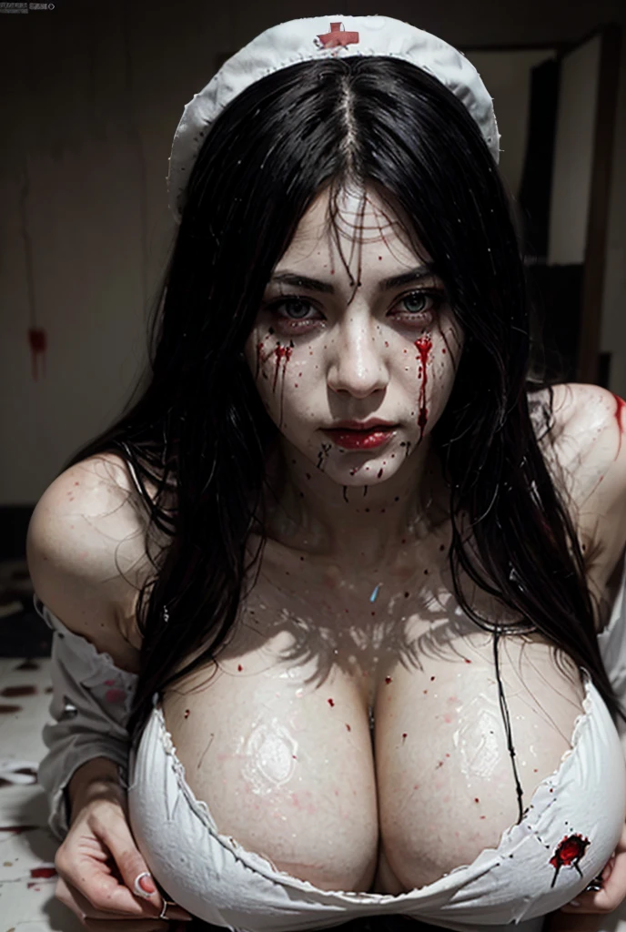 Realistic Japanese Horror movie taste picture, ((masterpiece)), (best quality), (absurdness quality), high resolution, 32k, (photorealistic:1.4), black hair, hyper realistic photo Sadako, (((torn, sexy white dress))), ((grey skin)), long hair over eyes, eyes covered face, fully hidden face by long hair, spooky woman, many blood spots on the face and breast, messy abandoned house, dark atmosphere, full body shot, entire room view, (crawling on hands and knees on the floor), slender body, add nurse hat, detailed breast. (Facing the viewer)