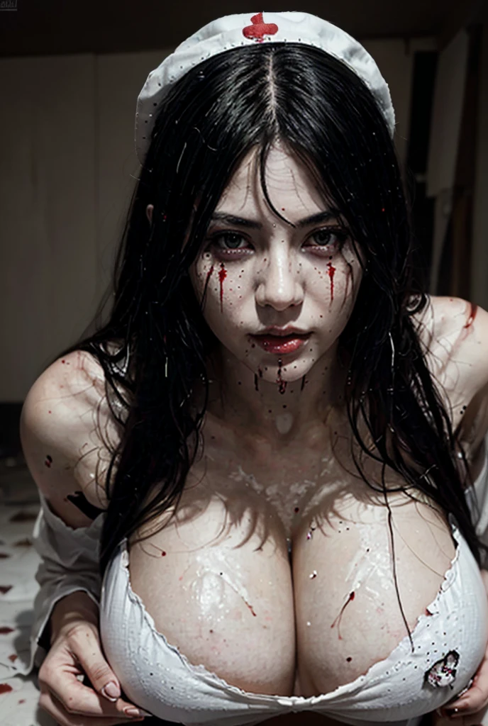 Realistic Japanese Horror movie taste picture, ((masterpiece)), (best quality), (absurdness quality), high resolution, 32k, (photorealistic:1.4), black hair, hyper realistic photo Sadako, (((torn, sexy white dress))), ((grey skin)), long hair over eyes, eyes covered face, fully hidden face by long hair, spooky woman, many blood spots on the face and breast, messy abandoned house, dark atmosphere, full body shot, entire room view, (crawling on hands and knees on the floor), slender body, add nurse hat, detailed breast. (Facing the viewer)