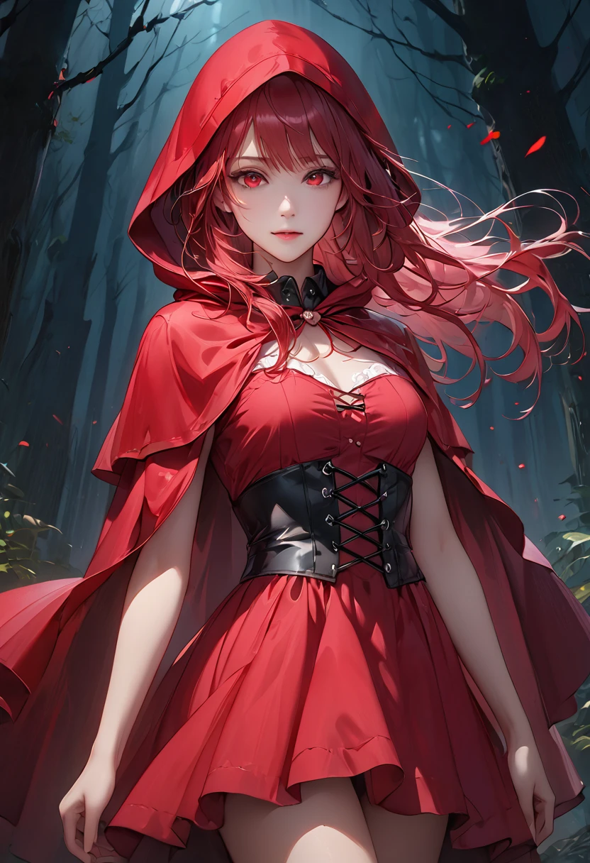 (Highest quality,4K,High resolution,masterpiece:1.2),Super detailed,Realistic:1.37,Portraiture,Dark fantasy,Red color scheme,Soft lighting,Emotional,Enchanted Forest,Ominous atmosphere,Eye-catching,Storytelling,anatomy,Anime Style,Concept Art,Beautiful detailed face and (((Red eyes ))),Flowing Hair,emotional expression,Jewelry made with attention to detail,A cape with an intricate pattern,Strong gaze,Cape with feather detailing,Subtle Shadows,Dynamic pose,A magnificent composition,Mysterious Background,Natural elements,Moonlit Night,wood々The wind blowing between,Eerie presence,Revealing character strengths and weaknesses,A striking contrast between the red cape and its surroundings,Fascinating story,Rich texture,Depth and Dimension,Highlight the charm and resilience of your characters. (((Little Red Riding Hood))), (Blood splatter:1.3)