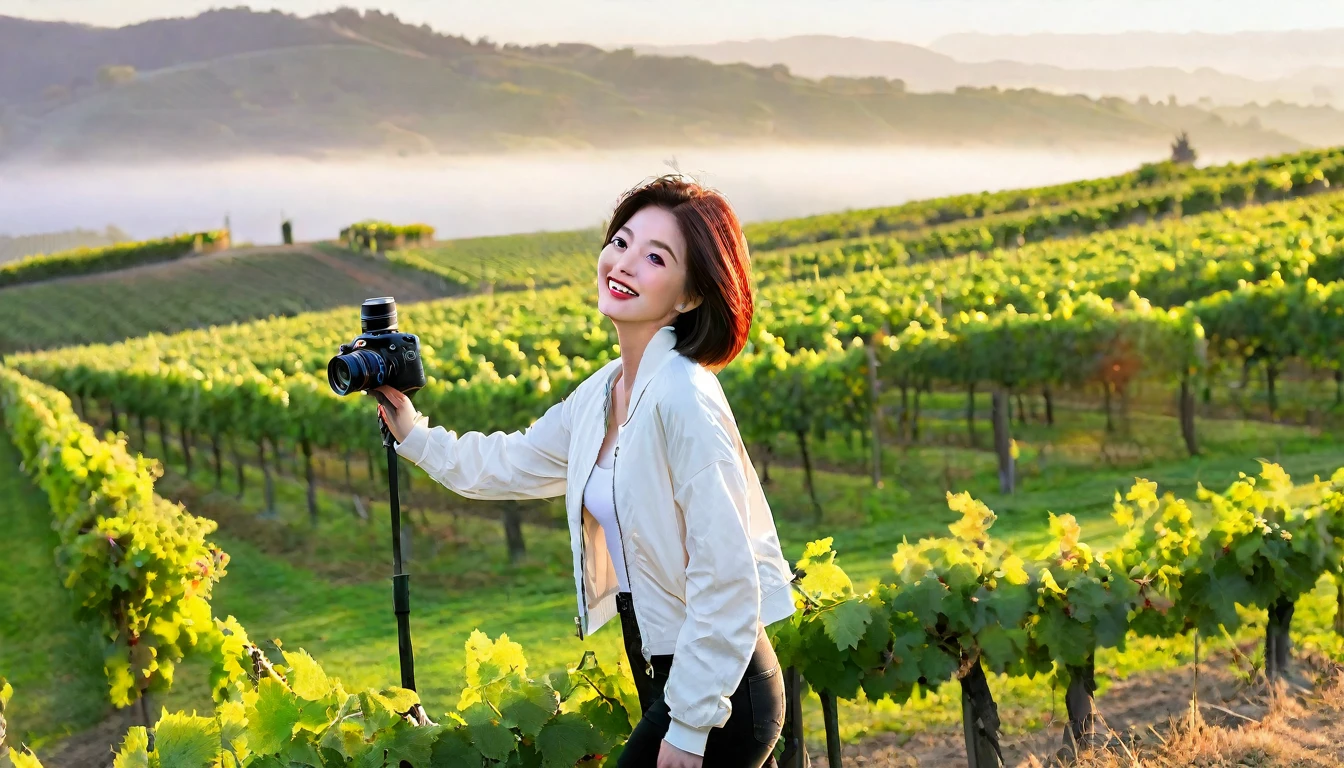 beautiful scenery, 8K Top Quality, Vivid picture quality, 1 woman, Beautiful 36-year-old Korean woman, Chest size 34 inches, Model-level beautiful woman, Napa Valley, California, USA, dawn vineyard, In the distance, endless green pastures can be seen in the thick fog.. Red sunshine, The background is realistic and vivid quality.., short medium bob hair, White t-shirt that goes up to the neck , High-end luxury brand windbreaker jacket, Black pants, Perfect and realistic photos, The background is realistic.. Full body shot with Canon camera 16-35 wide angle lens, Smiling, Looking down on the vineyards from the vineyard hill in thick fog, towards the front camera