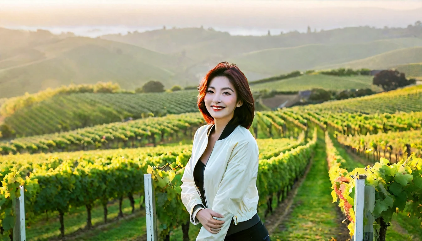 beautiful scenery, 8K Top Quality, Vivid picture quality, 1 woman, Beautiful 36-year-old Korean woman, Chest size 34 inches, Model-level beautiful woman, Napa Valley, California, USA, dawn vineyard, In the distance, endless green pastures can be seen in the thick fog.. Red sunshine, The background is realistic and vivid quality.., short medium bob hair, White t-shirt that goes up to the neck , High-end luxury brand windbreaker jacket, Black pants, Perfect and realistic photos, The background is realistic.. Full body shot with Canon camera 16-35 wide angle lens, Smiling, Looking down on the vineyards from the vineyard hill in thick fog, towards the front camera