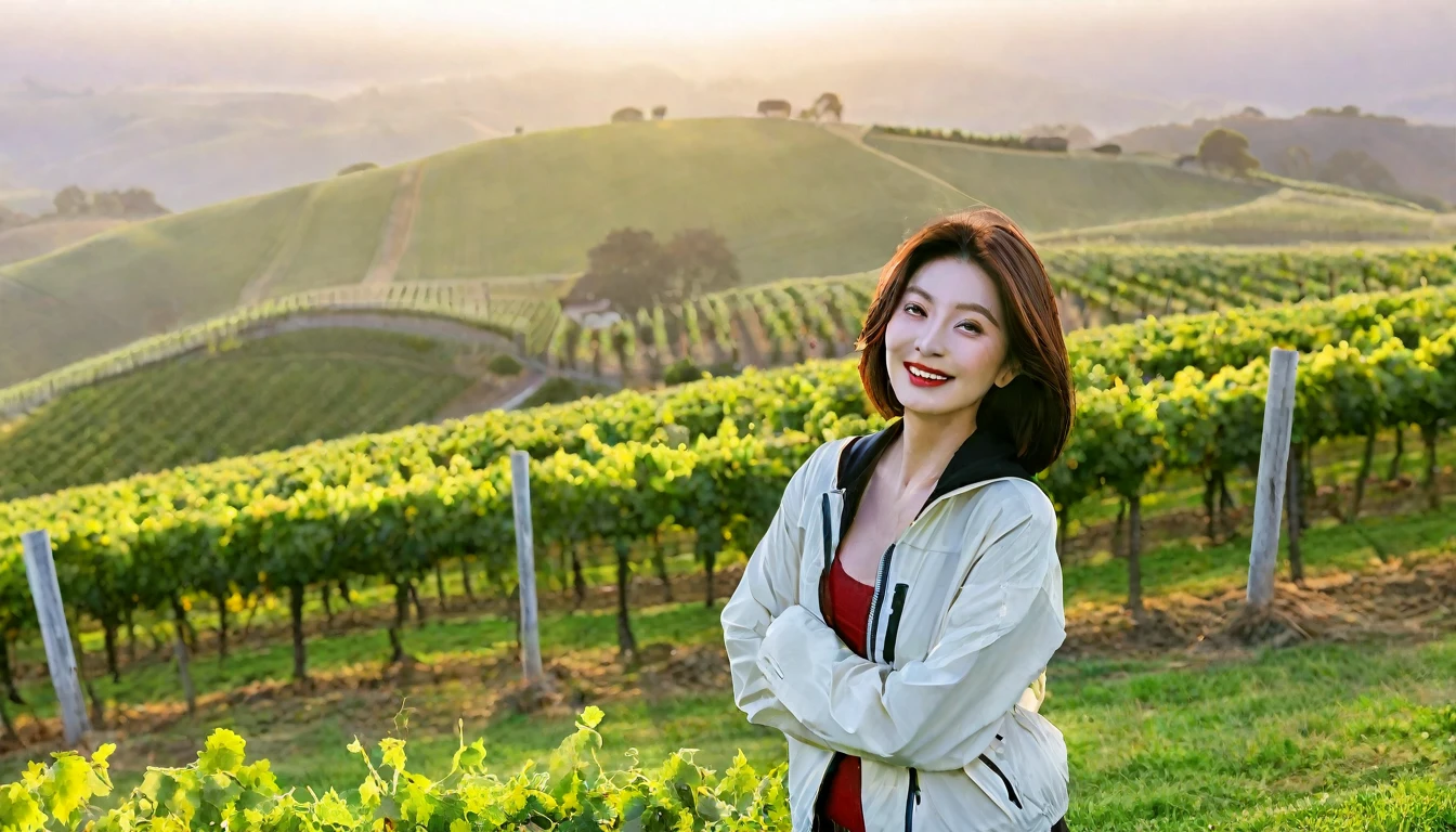 beautiful scenery, 8K Top Quality, Vivid picture quality, 1 woman, Beautiful 36-year-old Korean woman, Chest size 34 inches, Model-level beautiful woman, Napa Valley, California, USA, dawn vineyard, In the distance, endless green pastures can be seen in the thick fog.. Red sunshine, The background is realistic and vivid quality.., short medium bob hair, White t-shirt that goes up to the neck , High-end luxury brand windbreaker jacket, Black pants, Perfect and realistic photos, The background is realistic.. Full body shot with Canon camera 16-35 wide angle lens, Smiling, Looking down on the vineyards from the vineyard hill in thick fog, towards the front camera