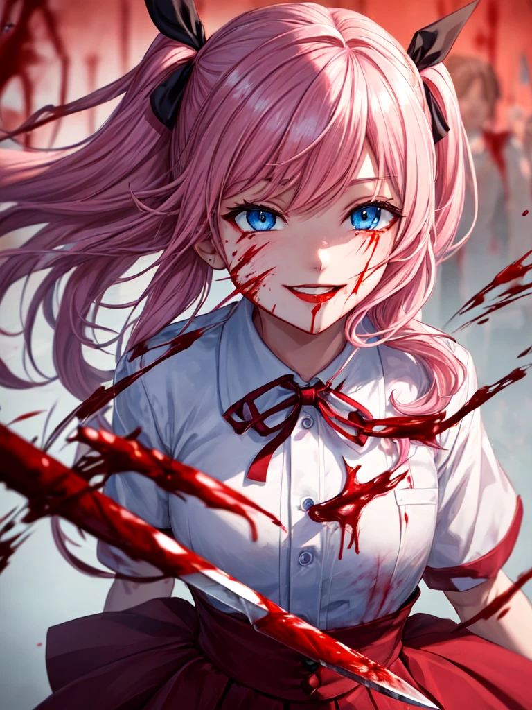 ((yandere, yandere simulator, crazy, blood, blood on the face, blood stains, blood stained clothes, knife)), (long hair, pink hair, blue eyes, bright eyes, high school uniform), dramatic lighting, reddish lighting, blurred background, looking at us, crazy smile, evil smile, horror