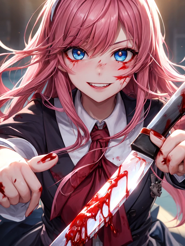 ((yandere, yandere simulator, crazy, blood, blood on the face, blood stains, blood stained clothes, knife)), (long hair, pink hair, blue eyes, bright eyes, high school uniform), dramatic lighting, reddish lighting, blurred background, looking at us, crazy smile, evil smile, horror