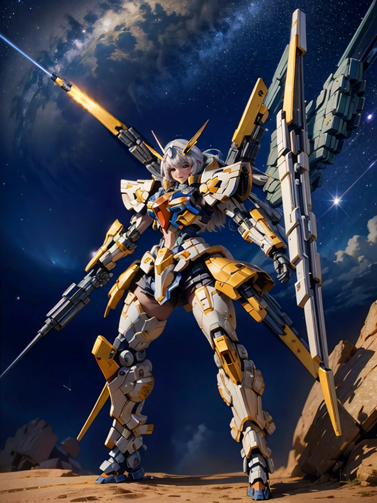 masterpiece,top-quality,Ultra-detail,very detailed illustration,ighly detailed,intricate-detail,hight resolution,super complex details,Highly detailed 8k CG wallpapers, mecha musume, machine components, Robot Joint, head gear, 1girl in,solo, mecha musume, red blush,is standing,cowboy shot, starryskybackground, Background with, Shining black metallic armor、Symmetrical Full Armor、Symmetrical mechanical wing、Funnel mounting、highleg, A smile,Being in the air、are flying、Holding a beam rifle and firing in flight、Sniping with a beam rifle in flight、